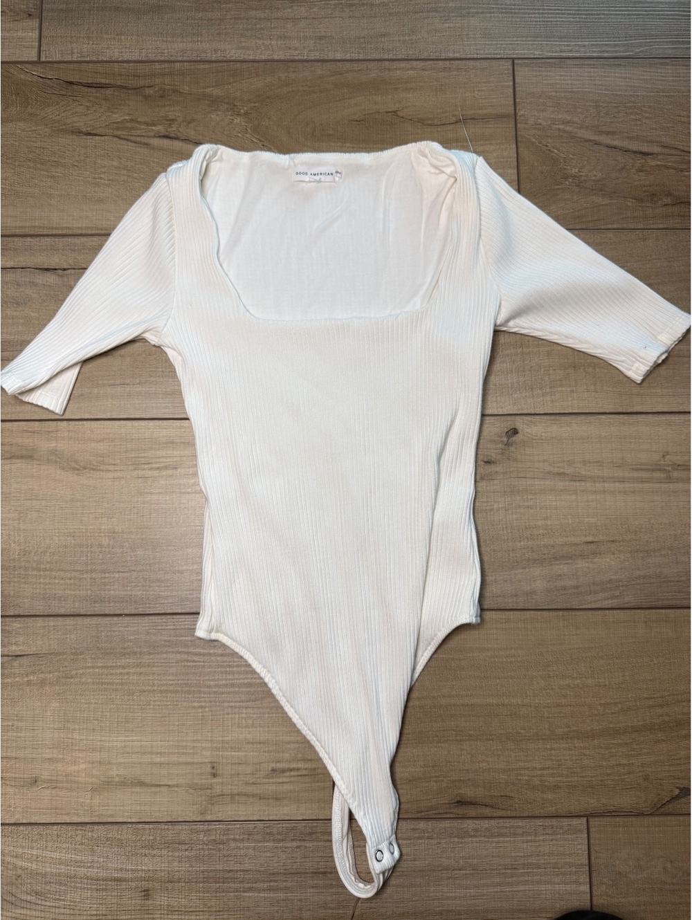 Good American White Ribbed Square Neck Bodysuit Size 2 Puff Sleeve